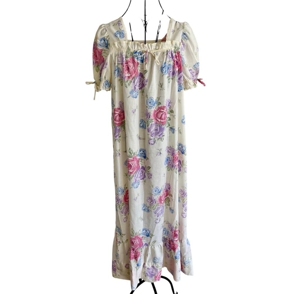 Vintage 70's Barad & Co Cottage Rose Floral Regency Ruffled Nightgown Victorian